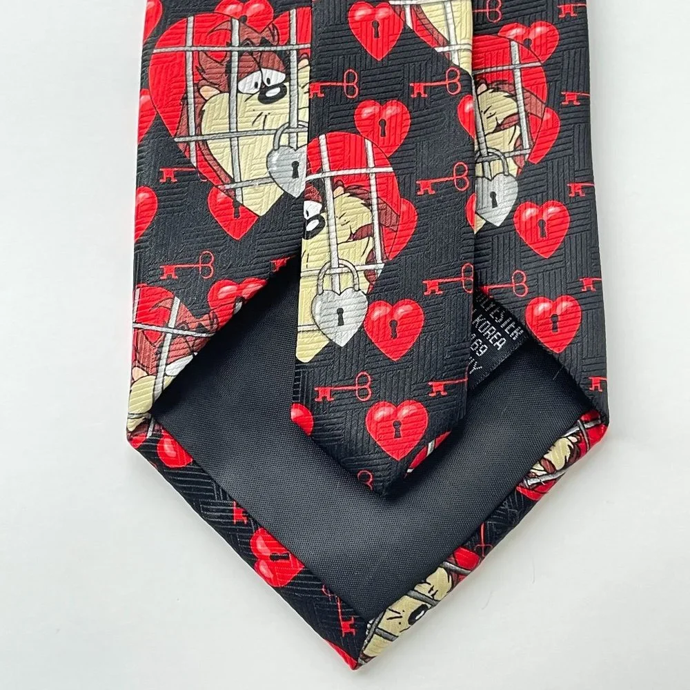 Vintage Looney Tunes Necktie Black Tasmanian Devil Love Heart Polyester Mens Tie